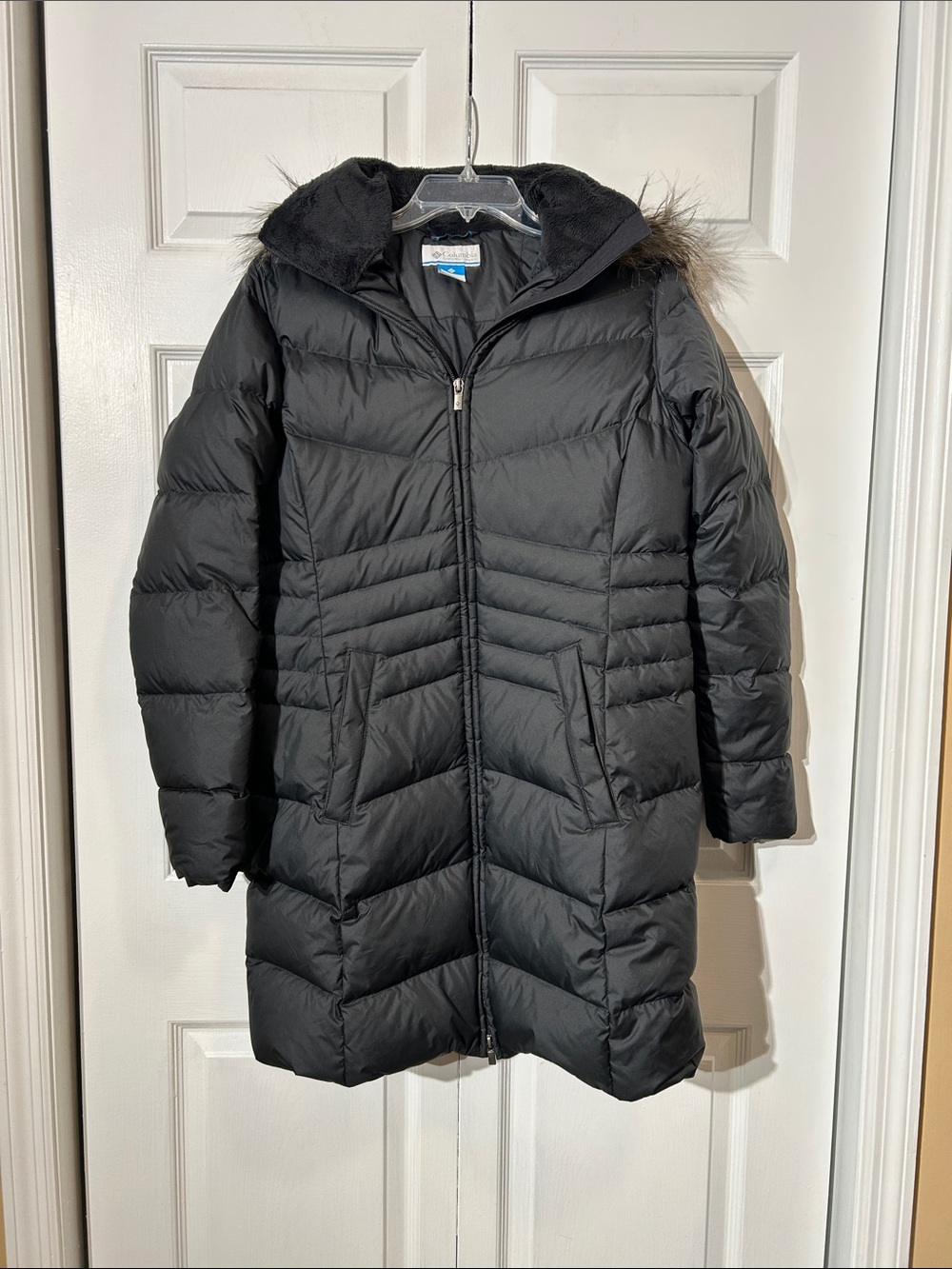 Columbia Puffer Coat Mid-Length Hooded Faux Fur Trim Full Zip Black Size Medium